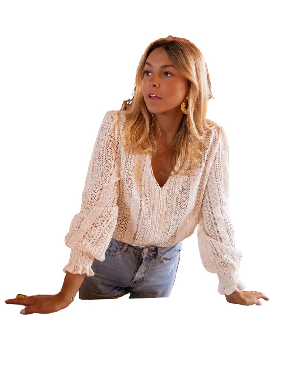 Eve Oliver Cream Open-Knit V-Neck Sweater